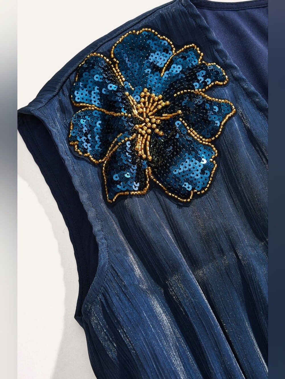 New Metallic Sequin Beaded 3D Flower Maxi Dress Ruched Waist Navy Blue - Picture 8 of 14